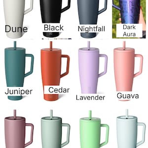 May include: A collection of insulated travel mugs in various colors, including Dune, Black, Nightfall, Dark Aura, Juniper, Cedar, Lavender, Guava, Rose Taupe, Sage, Kiwi, and Agave. Each mug has a handle and a straw.