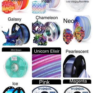 May include: Assortment of 12 spools of filament for 3D printing in various colors, including passion, pearl, galaxy, chameleon, neon, mint green, unicorn elixir, pearlescent, ice, pink, and magenta. The filament is made by VOXEL and is PLA PRO.