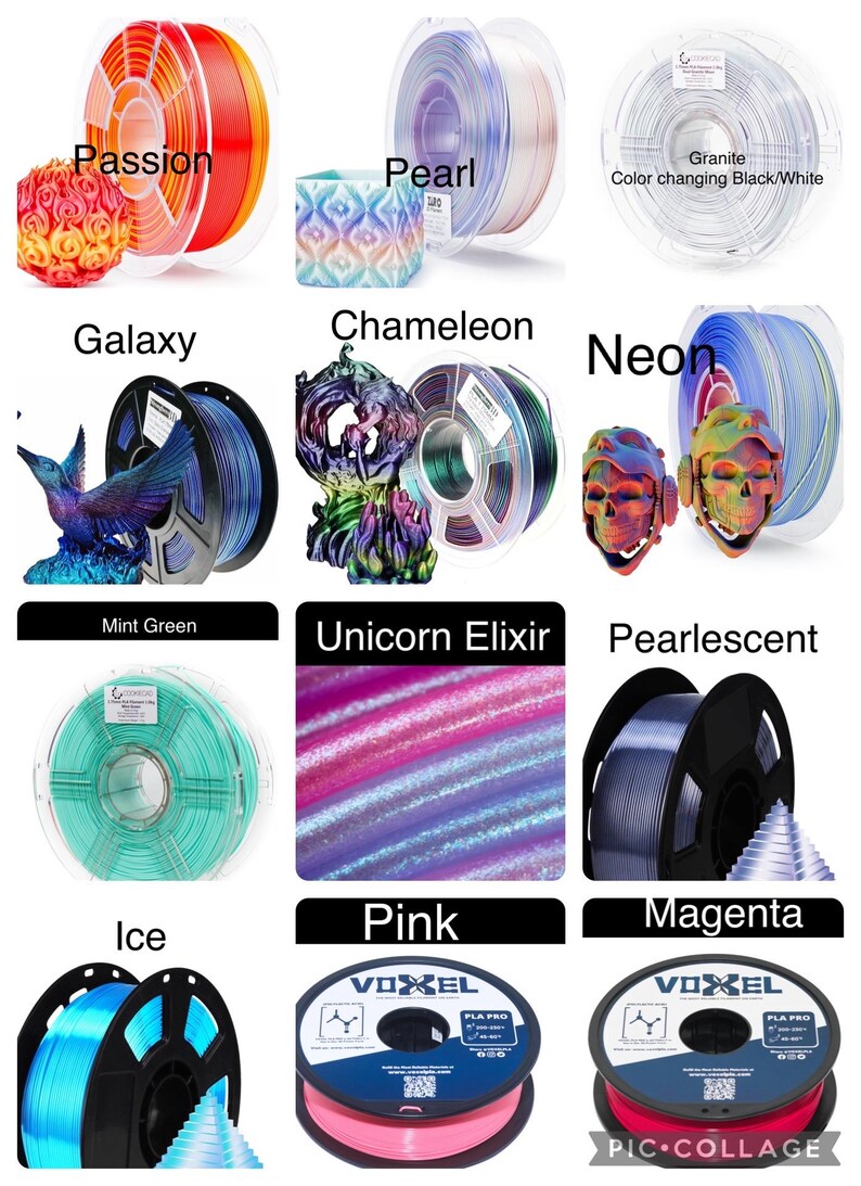 May include: Assortment of 12 spools of filament for 3D printing in various colors, including passion, pearl, galaxy, chameleon, neon, mint green, unicorn elixir, pearlescent, ice, pink, and magenta. The filament is made by VOXEL and is PLA PRO.