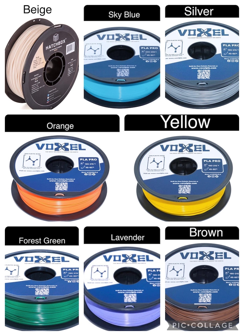 May include: Assortment of 10 spools of filament for 3D printing in various colors, including beige, sky blue, silver, orange, yellow, forest green, lavender, and brown. Each spool is labeled "VOXEL PLA PRO" and features a QR code.