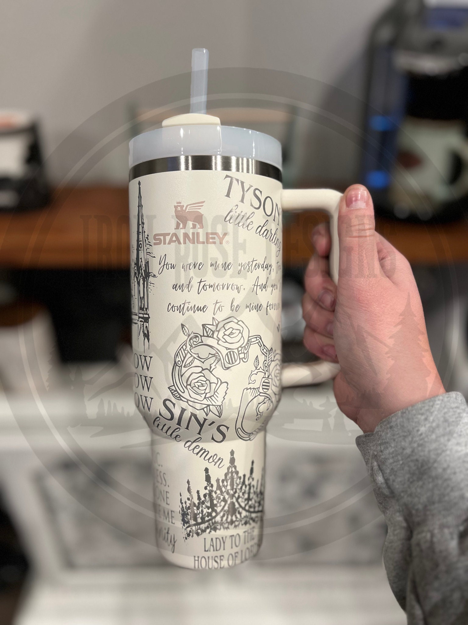 12 oz Stanley Coffee Cup Cream Colored Engraved with Suck This!