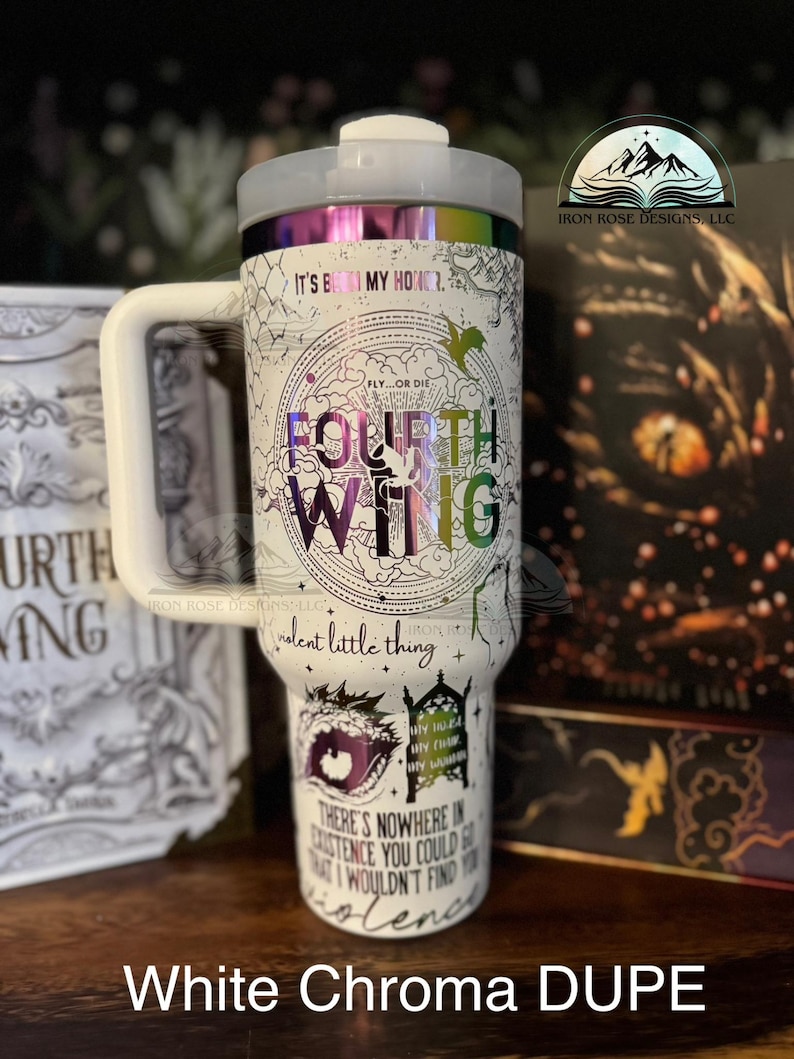 May include: White tumbler with a black and white graphic of a dragon and the text "Fourth Wing" and "It's been my honor..." and "Fly...or die".