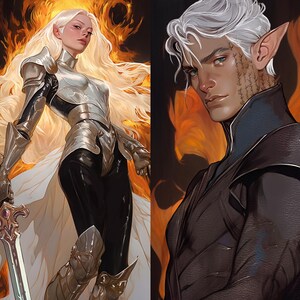May include: Digital art featuring two fantasy characters. One is a woman with long blonde hair, wearing silver armor and holding a sword. The other is a man with silver hair, pointed ears, and a tattoo on his neck. Both are set against a fiery background.