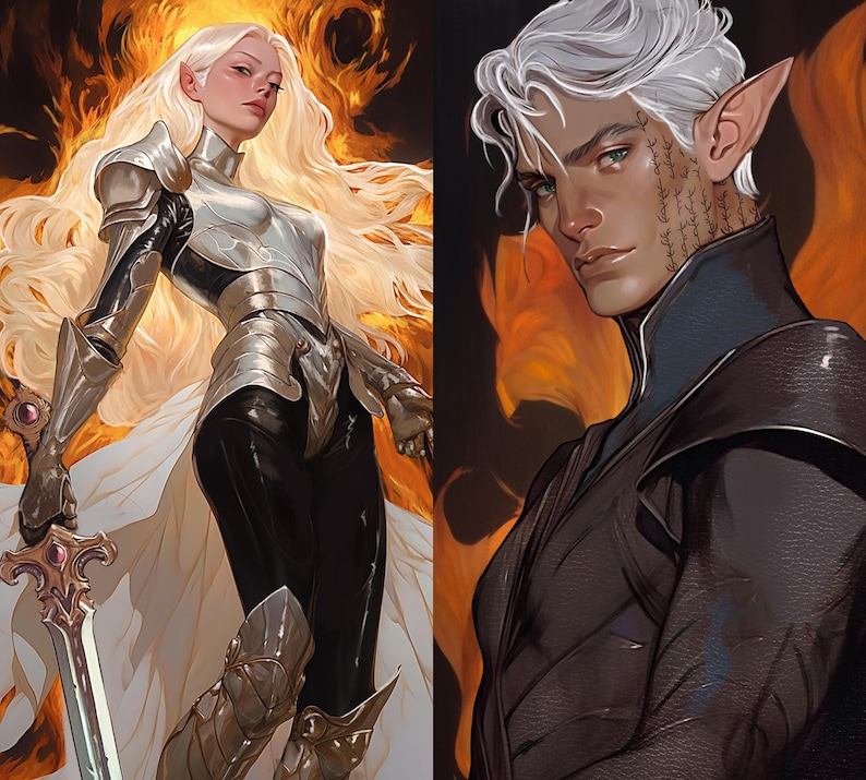 May include: Digital art featuring two fantasy characters. One is a woman with long blonde hair, wearing silver armor and holding a sword. The other is a man with silver hair, pointed ears, and a tattoo on his neck. Both are set against a fiery background.