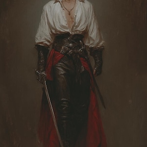 May include: A digital painting of a person in a white ruffled shirt, black leather pants, and a red sash. The person is holding a sword and wearing a necklace. The artwork has a dark, dramatic aesthetic.