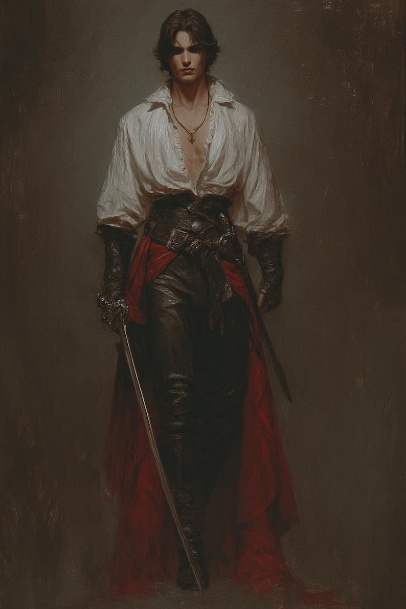 May include: A digital painting of a person in a white ruffled shirt, black leather pants, and a red sash. The person is holding a sword and wearing a necklace. The artwork has a dark, dramatic aesthetic.