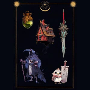 May include: Illustration of fantasy-themed objects on a dark background. Includes a potion bottle, a red and brown house, a sword with floral accents, a crow-like figure with a staff, and an owl with a scarf next to a sword.