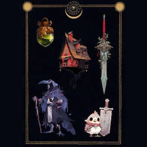 May include: An illustration featuring fantasy elements. A potion bottle, a red house, a sword with floral accents, a crow-like figure with a staff, and an owl with a scarf are depicted. The background is dark with gold decorative elements.