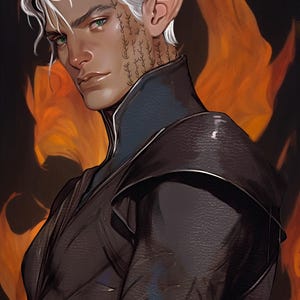 May include: Digital art portrait of a person with silver hair, pointed ears, and green eyes. The person wears a black leather-like jacket with a blue collar. The background features orange and yellow flames.