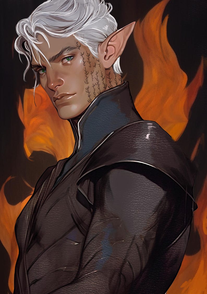 May include: Digital art portrait of a person with silver hair, pointed ears, and green eyes. The person wears a black leather-like jacket with a blue collar. The background features orange and yellow flames.