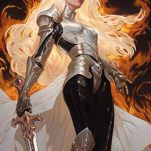 May include: Digital art of a female figure with long, flowing blonde hair, wearing silver armor and black pants. She holds a sword with a decorative hilt. The background features flames.