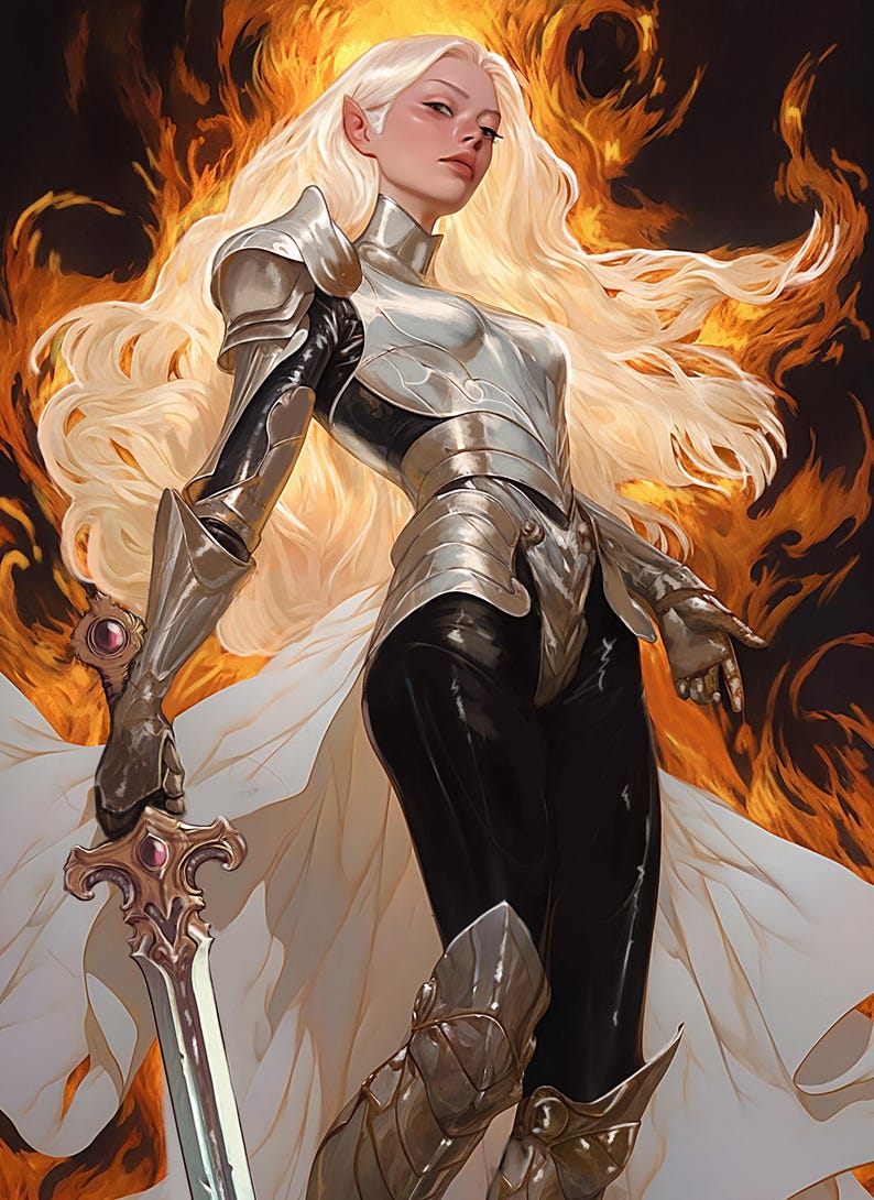 May include: Digital art of a female figure with long, flowing blonde hair, wearing silver armor and black pants. She holds a sword with a decorative hilt. The background features flames.