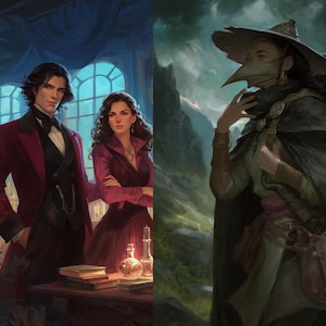May include: Digital painting of two figures in a room with arched windows, a man in a red coat and a woman in a red dress. On the right, a figure in a plague doctor mask and hat stands in a mountainous landscape.