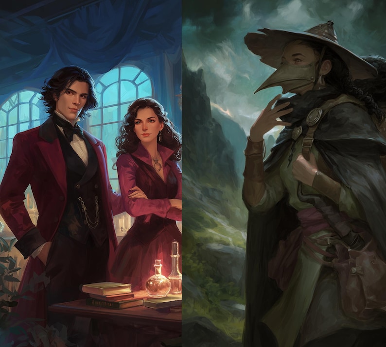 May include: Digital painting of two figures in a room with arched windows, a man in a red coat and a woman in a red dress. On the right, a figure in a plague doctor mask and hat stands in a mountainous landscape.