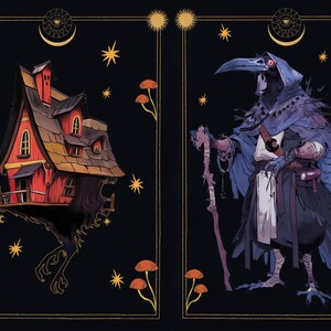 May include: Illustration of a whimsical red house with a brown roof and a crow-like figure in a blue cloak holding a staff. The background is black with gold stars, moons, and mushroom accents. A fantasy-themed design.