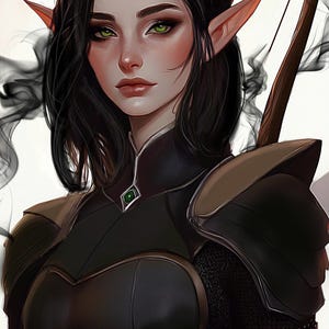May include: Digital art of a woman with pointed ears, green eyes, and black hair. She wears dark armor with a green gem and a bow. The background has a smoky effect.