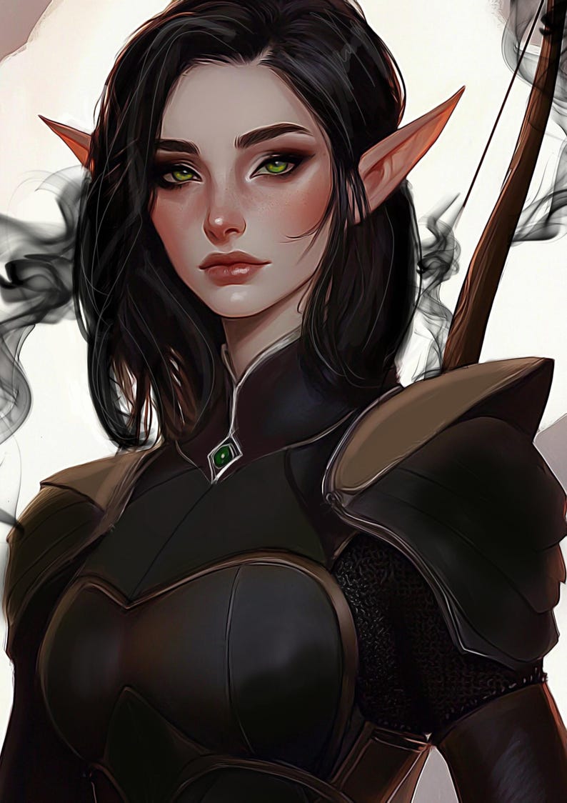 May include: Digital art of a woman with pointed ears, green eyes, and black hair. She wears dark armor with a green gem and a bow. The background has a smoky effect.