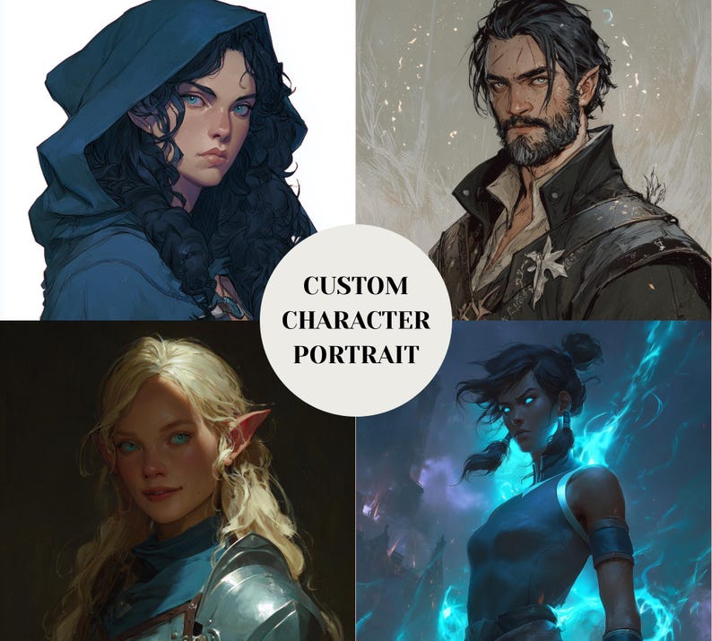 May include: Four fantasy character portraits are displayed, each with unique features. The portraits include a woman in a blue hood, a man with a beard, a woman with blonde hair and pointed ears, and a woman with blue glowing eyes. The text "CUSTOM CHARACTER PORTRAIT" is in the center.