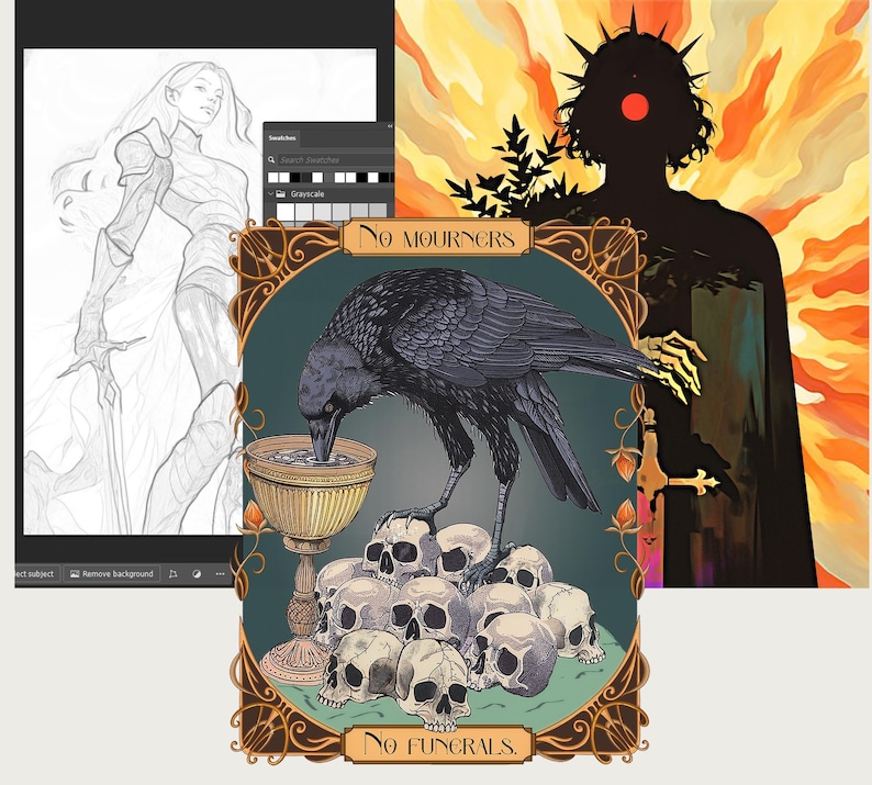 May include: Digital art featuring a raven drinking from a golden chalice atop a pile of skulls, with the text "No Mourners, No Funerals." A sketch of a woman with a sword is on the left, and a silhouette of a figure with a crown and a fiery background is on the right.