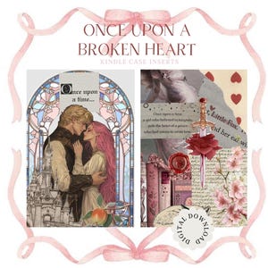 Puede incluir: Dos marcadores digitales imprimibles con una ilustración romántica de una pareja en una ventana de vitrales y una espada con una rosa roja, rodeados de elementos florales vintage y texto que dice "Érase una vez..." y "St. Little Fox. y su oído con".