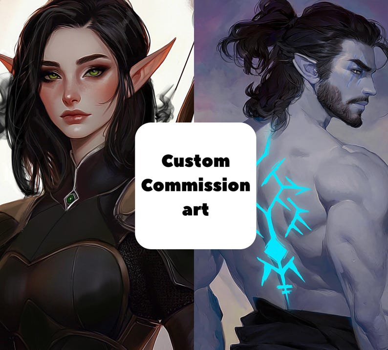 May include: Digital art featuring two fantasy characters. One is a female elf with green eyes and black hair, the other is a male figure with blue skin and a ponytail. The image includes the text "Custom Commission art".