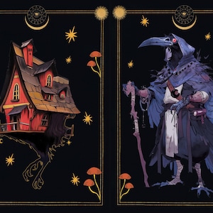 May include: Illustration of a red and brown house with a chimney, and a crow-like figure in a blue cloak holding a staff. The background is black with gold stars, moons, and mushroom illustrations.