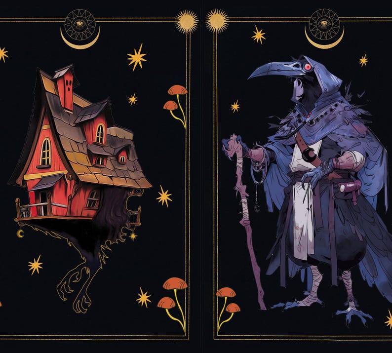 May include: Illustration of a red and brown house with a chimney, and a crow-like figure in a blue cloak holding a staff. The background is black with gold stars, moons, and mushroom illustrations.