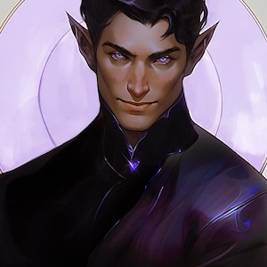 May include: Digital art portrait of a dark-haired figure with pointed ears and purple eyes. The figure wears a black outfit with a high collar and a subtle purple glow. A soft, circular light is in the background.