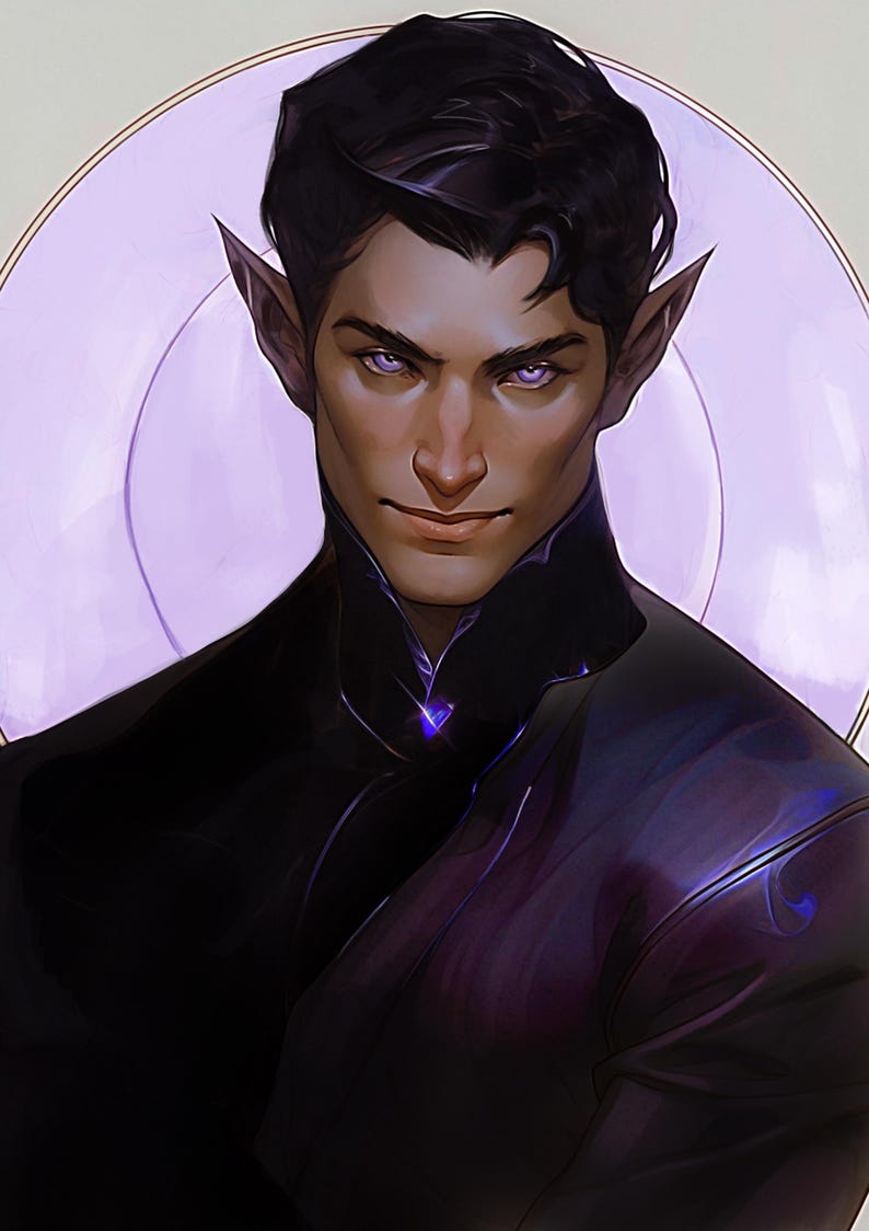 May include: Digital art portrait of a dark-haired figure with pointed ears and purple eyes. The figure wears a black outfit with a high collar and a subtle purple glow. A soft, circular light is in the background.
