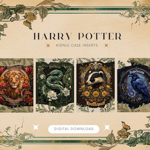 May include: Four digital printable images of Harry Potter house crests. Each crest features a different house animal: a lion, a snake, a badger, and an eagle. The crests are surrounded by floral designs and have the house names written below: Gryffindor, Slytherin, Hufflepuff, and Ravenclaw.