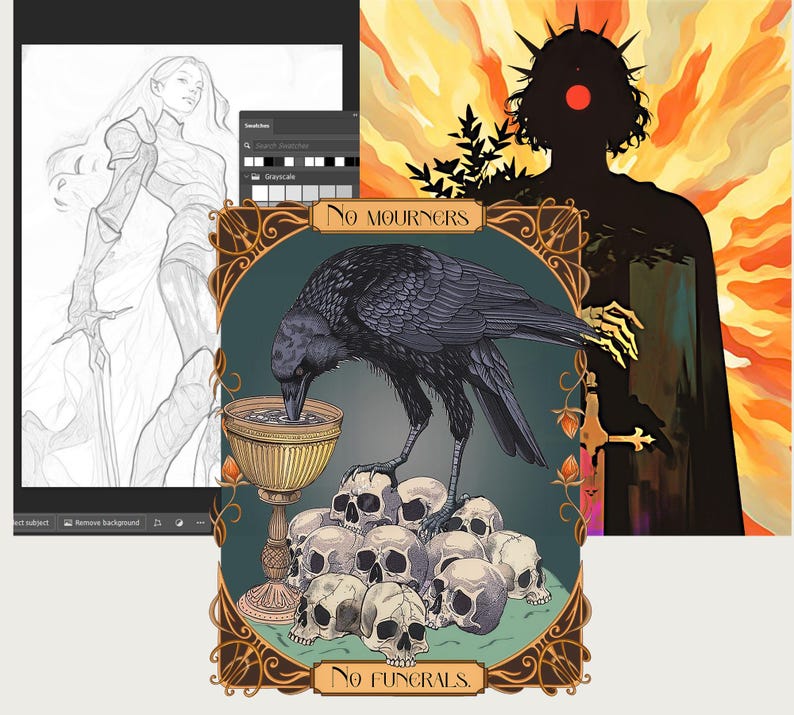 May include: Digital art featuring a raven drinking from a golden chalice atop a pile of skulls, framed by ornate borders. The text "No Mourners" and "No Funerals" are displayed. A sketch of a woman with a sword and a silhouette of a figure with a crown are also present.
