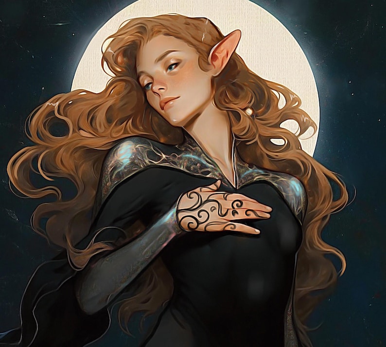 May include: Digital art of a woman with long, flowing auburn hair and pointed ears, set against a backdrop of a full moon and a dark blue night sky. She wears a black dress with a decorative silver and black shoulder piece. Her hand is adorned with intricate black tattoos.