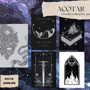 May include: Three black and white digital illustrations for a Kindle e-reader. The first image features a mountain range with the text "Welcome to The Night Court". The second image shows a book with a castle on the cover. The third image shows a sword with a star-filled sky in the background.