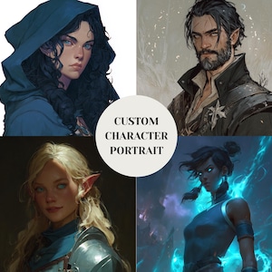 May include: A collage of four digital illustrations featuring fantasy characters, including a person in a blue hood, a bearded individual, a blonde elf, and a figure with glowing blue energy, with the text CUSTOM CHARACTER PORTRAIT in the center.