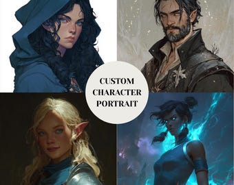 May include: A collage of four digital illustrations featuring fantasy characters, including a person in a blue hood, a bearded individual, a blonde elf, and a figure with glowing blue energy, with the text CUSTOM CHARACTER PORTRAIT in the center.