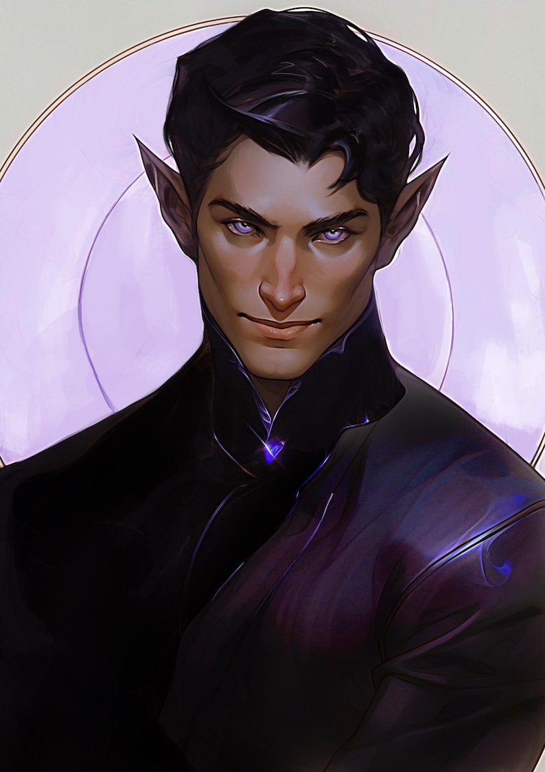May include: Digital art portrait of a person with dark hair, pointed ears, and purple eyes. The person is wearing a black outfit with a high collar and a purple gem. A light purple halo shape is in the background.