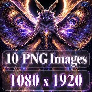 May include: A digital illustration of a moth-like creature with purple and gold wings against a cosmic background. Text overlays read: 10 PNG Images, 1080 x 1920, Android iPhone. The creature features glowing eyes and intricate wing patterns.