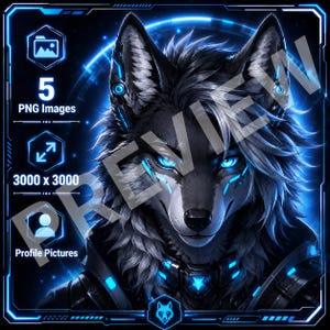 May include: A digital illustration of a cybernetic wolf with glowing blue eyes and mechanical accents. The image features text overlays including 5 PNG Images, 3000 x 3000, and Profile Pictures, all framed within a dark blue technical interface border.