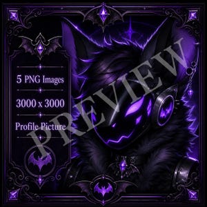 May include: A digital illustration of a dark, purple-themed character with glowing eyes and a visor, wearing headphones with bat motifs. The image is framed by an ornate border featuring bat accents and includes the text 5 PNG Images 3000 x 3000 Profile Picture.