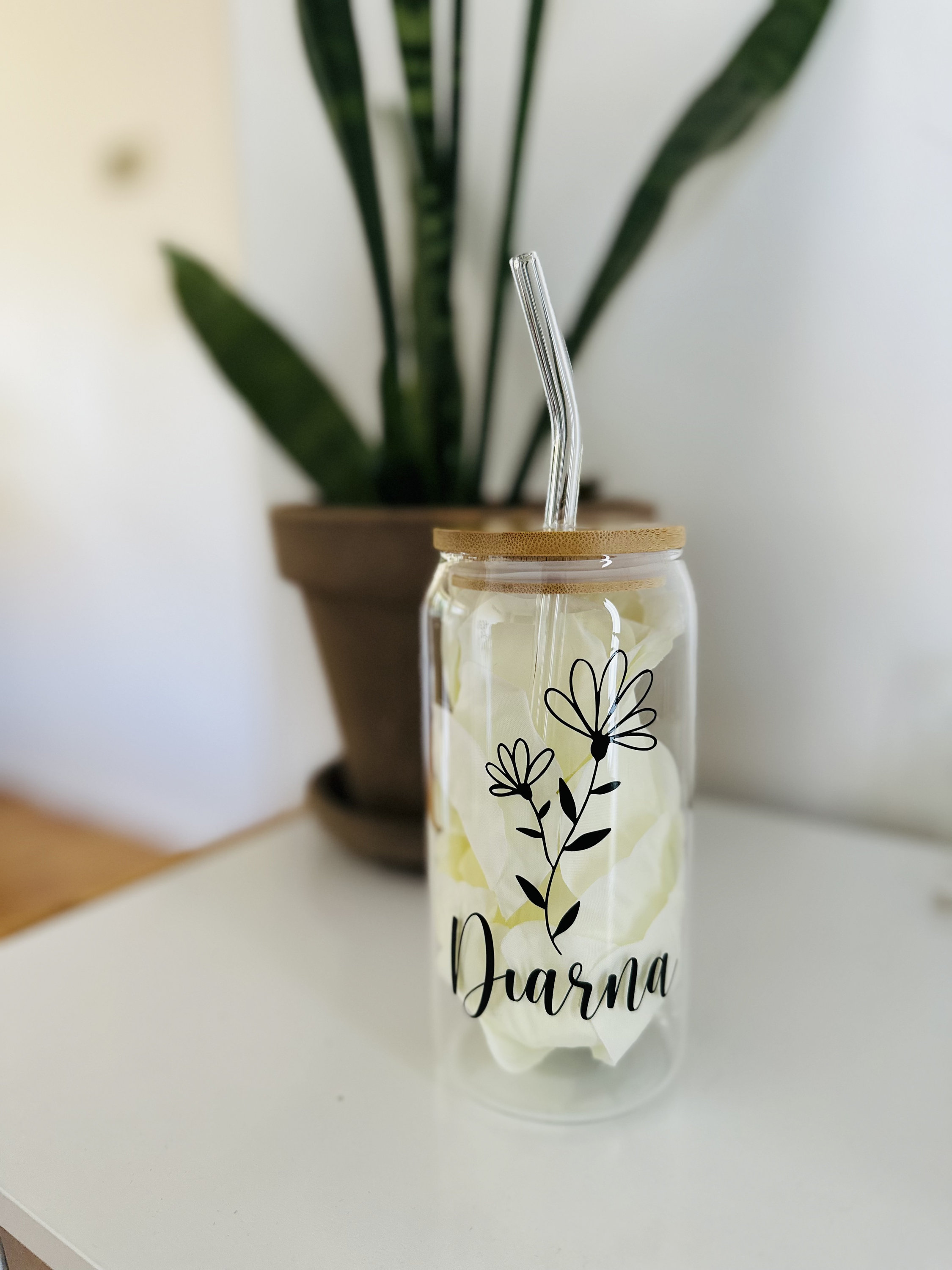 Tumber for Bridesmaid Proposal, Birth Flower Customized Glass Tumbler,  Frosted Glass Tumbler, Bamboo Lid Coffee Cup, Maid of Honor Gift 