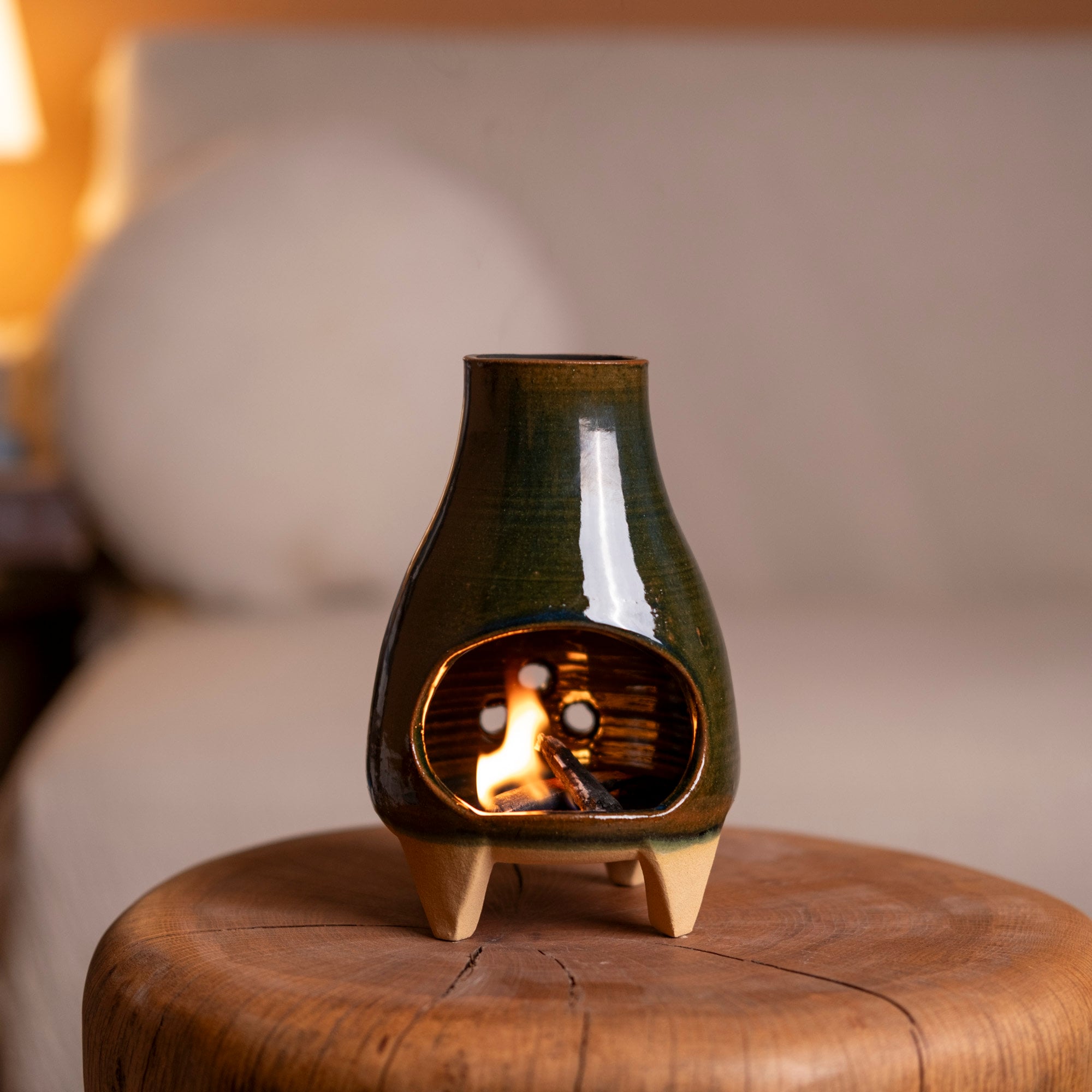 OlaKala Mid-Century Troyan Green Glazed Incense Burner Palo Santo Burner Handmade Footed Oil Burner Modern Chimney MeditationTeaLight Holder