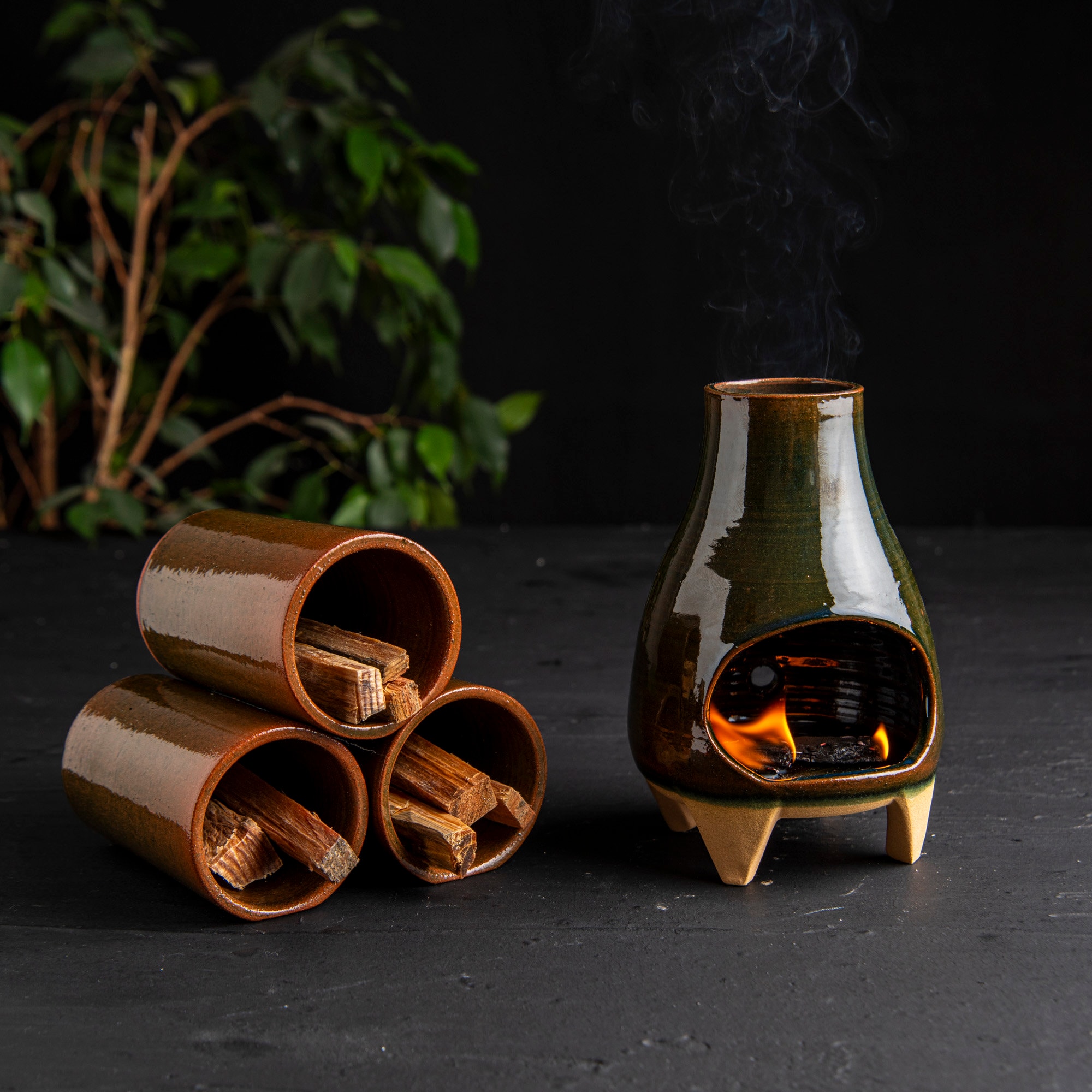 OlaKala Mid-Century Troyan Green Glazed Incense Burner Palo Santo Burner Handmade Footed Oil Burner Modern Chimney MeditationTeaLight Holder