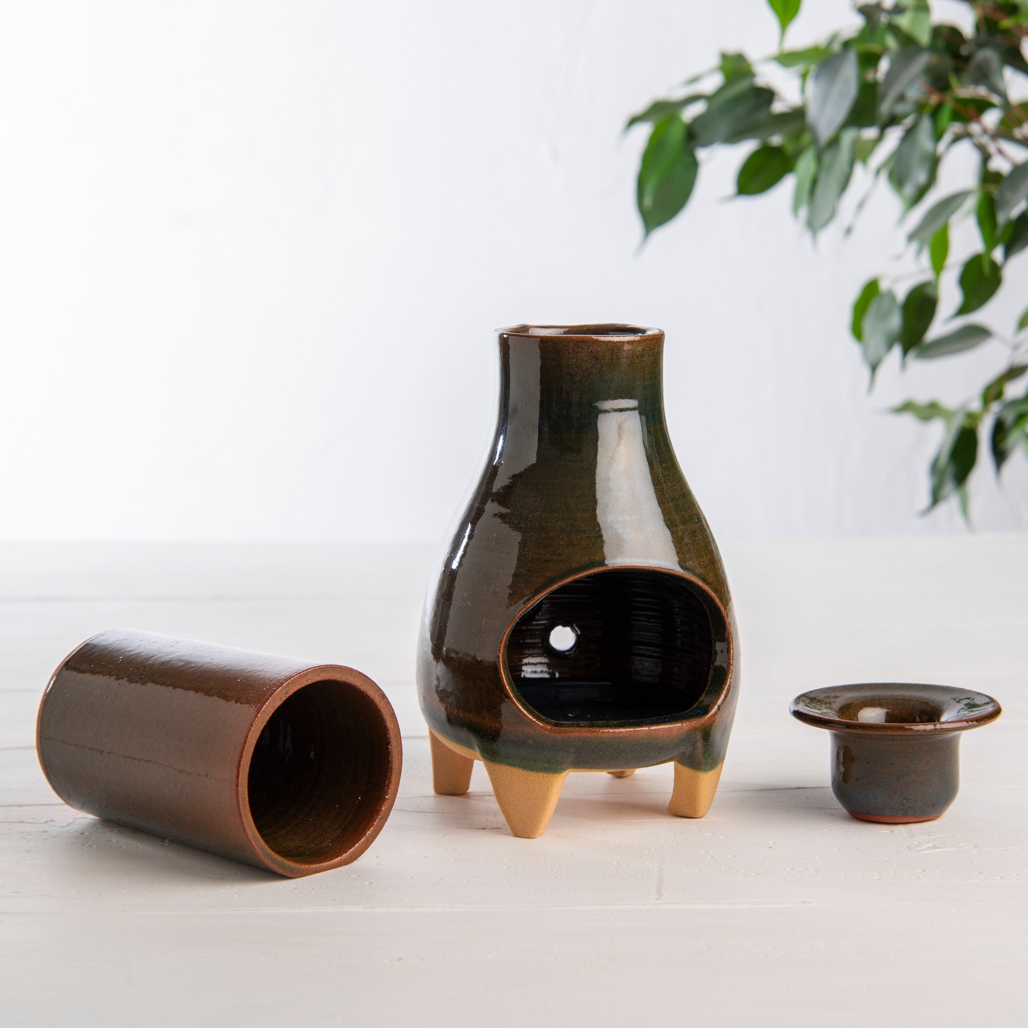OlaKala Mid-Century Troyan Green Glazed Incense Burner Palo Santo Burner Handmade Footed Oil Burner Modern Chimney MeditationTeaLight Holder