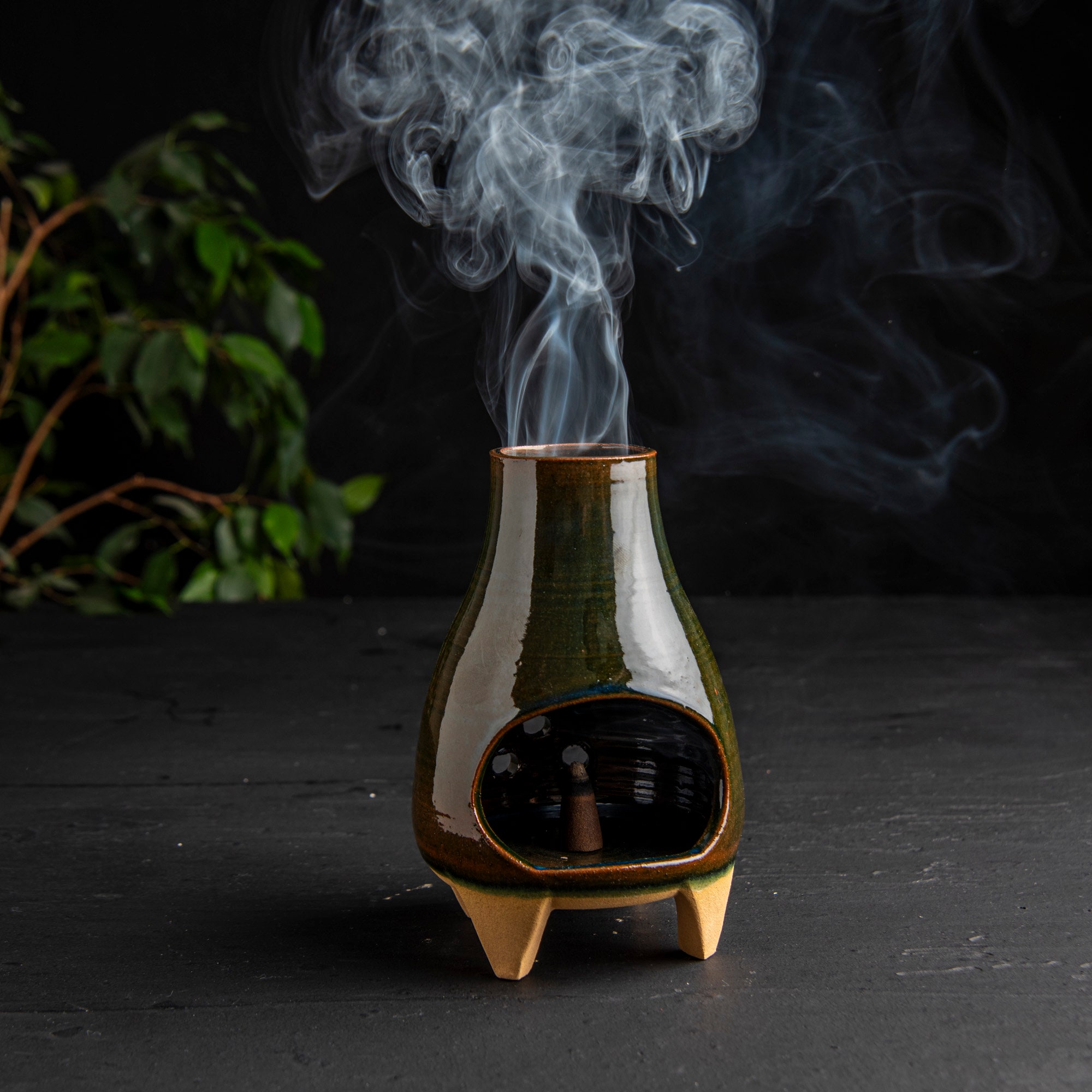 OlaKala Mid-Century Troyan Green Glazed Incense Burner Palo Santo Burner Handmade Footed Oil Burner Modern Chimney MeditationTeaLight Holder