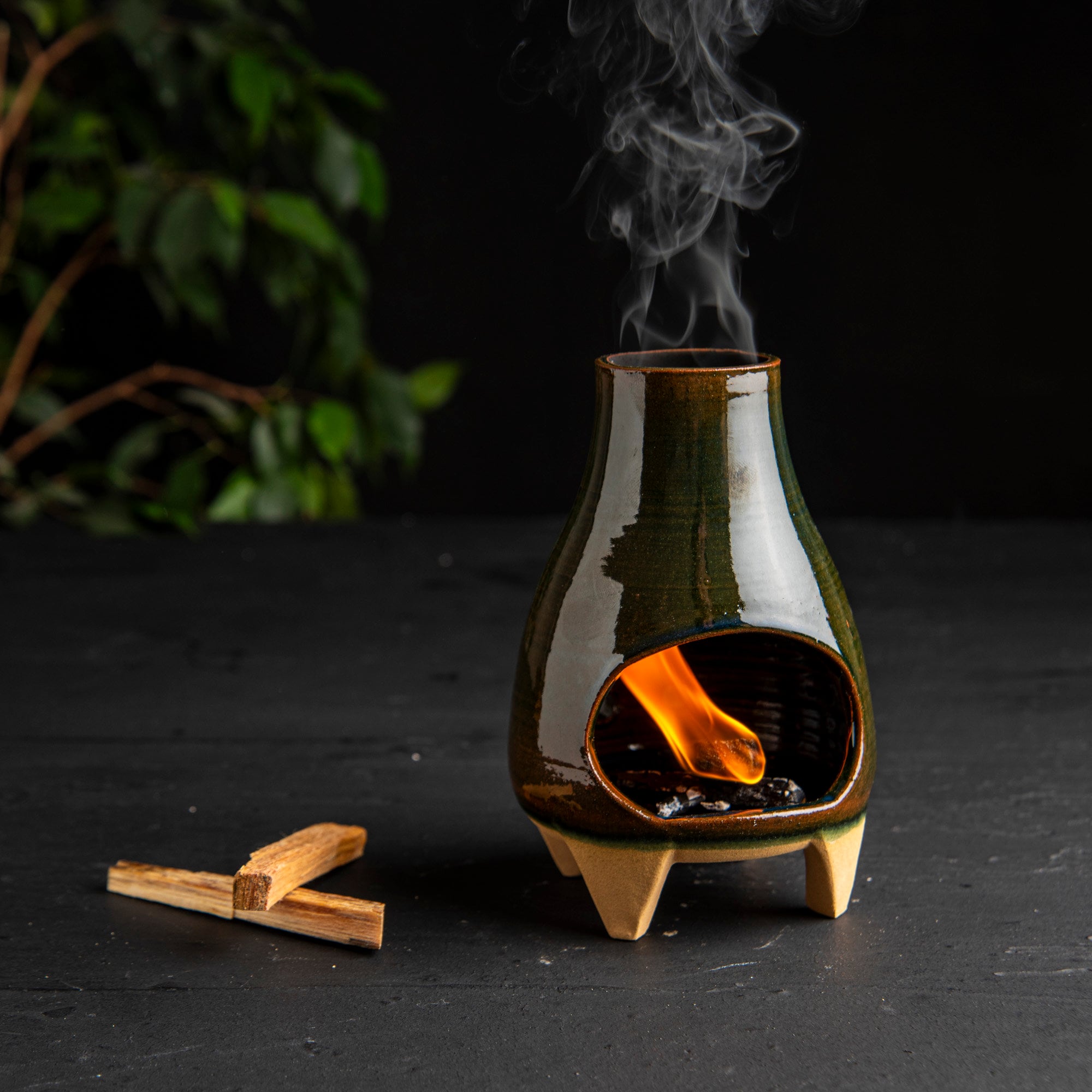 OlaKala Mid-Century Troyan Green Glazed Incense Burner Palo Santo Burner Handmade Footed Oil Burner Modern Chimney MeditationTeaLight Holder