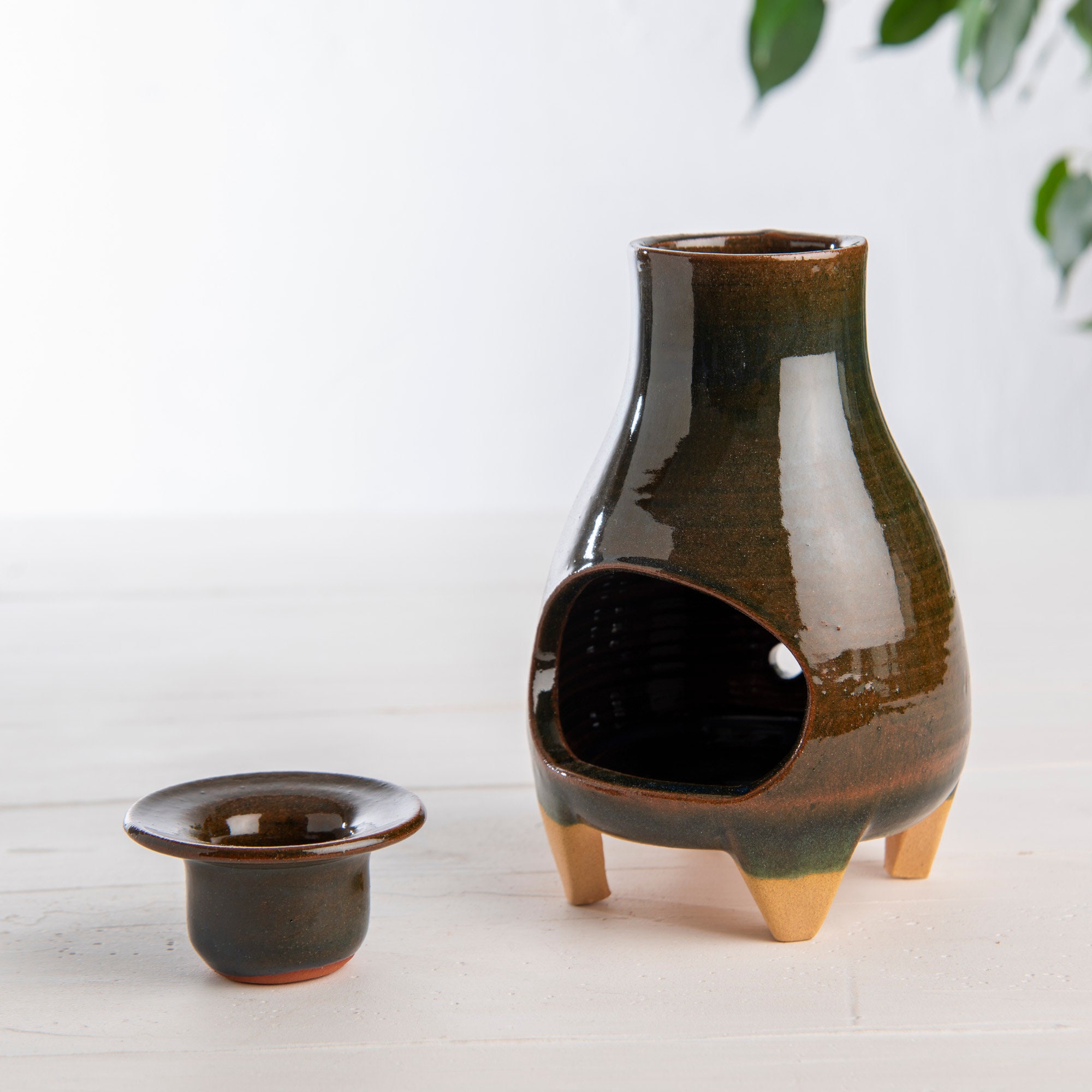 OlaKala Mid-Century Troyan Green Glazed Incense Burner Palo Santo Burner Handmade Footed Oil Burner Modern Chimney MeditationTeaLight Holder