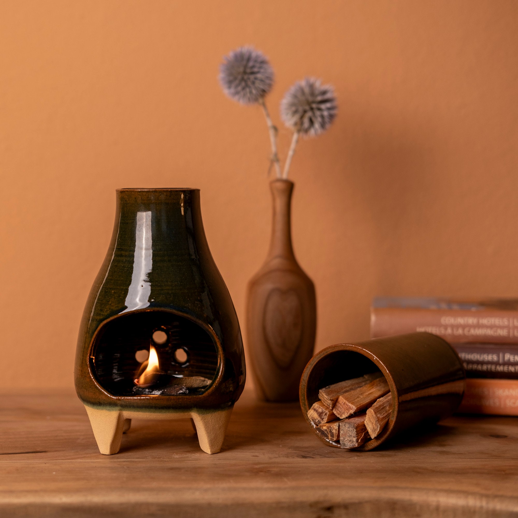 OlaKala Mid-Century Troyan Green Glazed Incense Burner Palo Santo Burner Handmade Footed Oil Burner Modern Chimney MeditationTeaLight Holder
