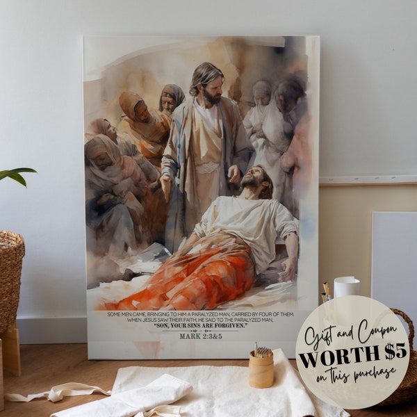 Restored Hope - Jesus Heals the Paralyzed Man | Mark 2:3-5 | Jesus Heals Paralytic | Jesus Printable Art | Christan Art | Bible Verse Art