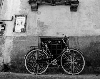 Bicycle against wall, black & white print, Lucca, Tuscany, Fine art print, side street, Italy, cycle, bike life,