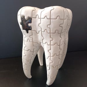 Può includere: Una scultura in ceramica bianca a forma di molare umano, caratterizzata da un motivo superficiale di pezzi di puzzle a incastro. Un singolo pezzo di puzzle sul lato superiore sinistro è rifinito in un colore argento metallizzato.